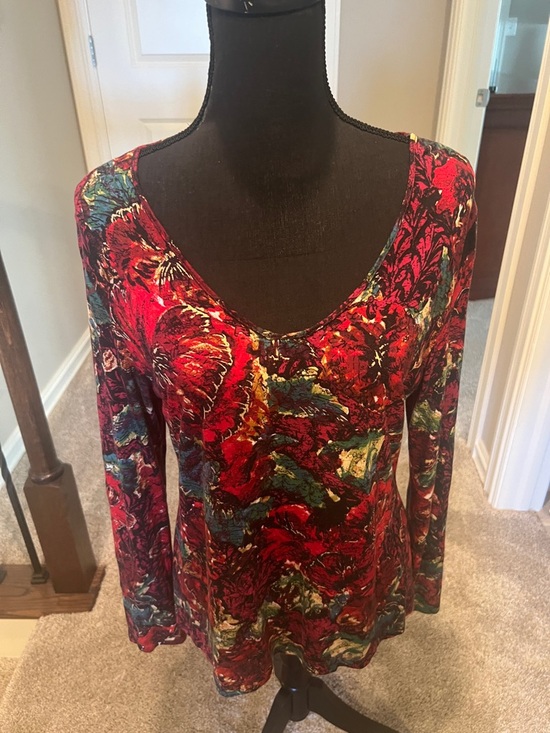 Chico's Tops - Chico's Red Multi Floral Scoop Neck Long Sleeve Top - Vibrant Print